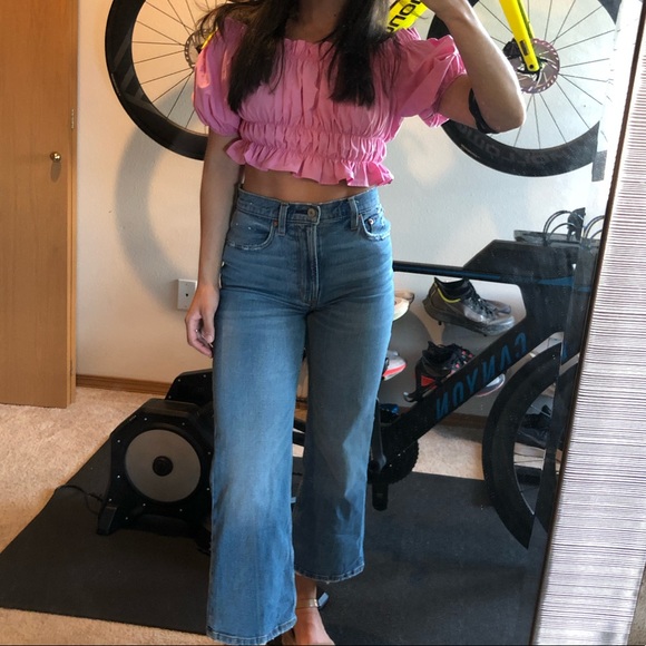 Puff sleeve ruched pink off shoulder crop top Sz S - Picture 6 of 7